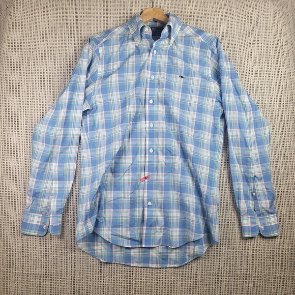 Vineyard Vines Shirt Mens Small Blue Green Plaid Slim Fit Whale Logo Cotton - Picture 1 of 7